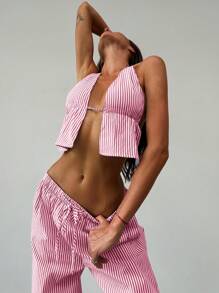 Aloruh 2pcs Set Young Lady Commuter Simple Neck Tie Slit Striped Vest + Low Waist Striped Maxi Pants - Red and White - View 7