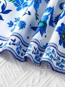 SHEIN مجموعة ملابس علوية كشكش أزرق مع شورت، مناسبة لأجواء العطلات الصيفية، قطعتان - متعدد الألوان - مشاهدة 5