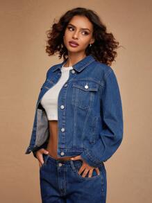 Forever 21 女式前扣长袖口袋休闲牛仔夹克 - 藍色 - 查看 7