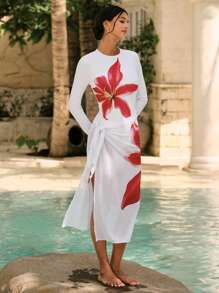 Swim Shayni Summer Women's Floral Print Crew Neck Long Sleeve One-Piece Swimsuit - White - View 1