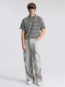 Ontre 男士条纹领短袖休闲 Polo 衫 - 黑與白 - 查看 2