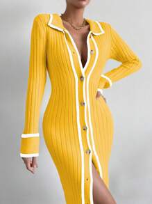 SHEIN Clasi Women Collar Button Front Long Sleeve Fitted Sweater Dress - Multicolor - View 6