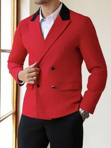 Manfinity AFTRDRK 这款男士商务通勤INS西装外套采用时尚的红色双排扣设计，领口饰有撞色图案。这款外套用途广泛，适合日常穿着，也适合婚礼、情人节和新年等特殊场合。它展现出独特的风格和活力，确保穿着者在任何场合都脱颖而出。