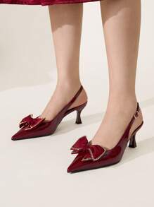 CUCCOO CHICEST Women's Elegant Gold Chain Buckle Design Pointed Toe Stiletto Heel Mid-Heel PU Leather Mule Pumps, Suitable For Date, Office, Afternoon Tea, Graceful Outfits, Valentine's Day - Burgundy - View 6