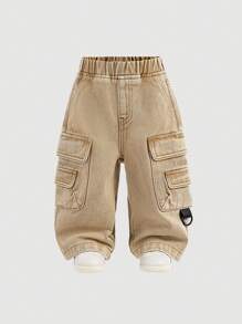 SHEIN 男婴街头酷时尚做旧复古宽松卡其色牛仔工装裤，休闲百搭，适合婴儿室内/室外服装和日常服装 - 卡其色 - 查看 1