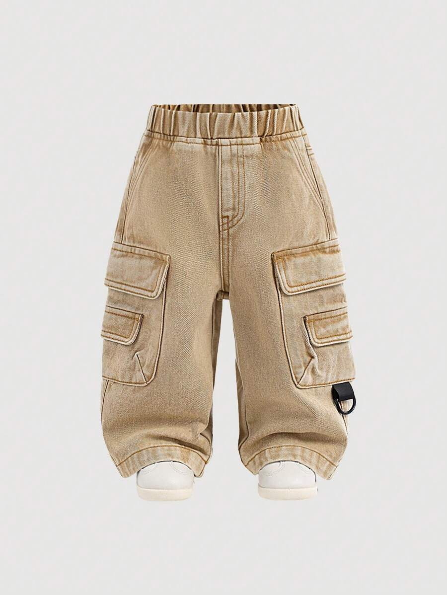 SHEIN 男婴街头酷时尚做旧复古宽松卡其色牛仔工装裤，休闲百搭，适合婴儿室内/室外服装和日常服装 - 卡其色 - 查看 1
