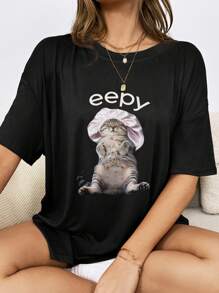 SHEIN EZwear Women's Letter & Cute Cat Print Round Neck Dropped Shoulder Casual T-Shirt