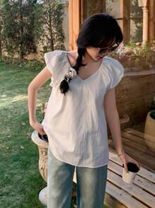 DAZY Women's Solid Color V-Neck Casual Loose Blouse, Daily Wear Summer,Ruffle