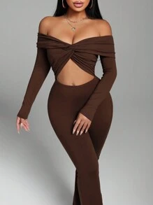 Zolique Women's Solid Color Off Shoulder Long Sleeve Twist Hole Jumpsuit - Brown - View 3