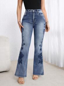 EMERY ROSE Pantalones vaqueros casuales de mujer con bolsillos delanteros con botones y bordados - Azul - Ver 5