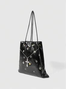 ROMWE Goth Riveted Cross Decor Chain Shoulder Bucket Bag - Black - View 4