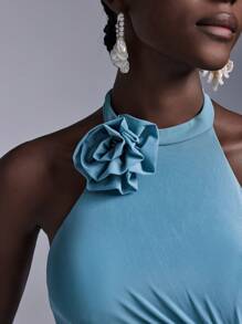 Elitara Elegant Turquoise Floral Pleated Bodice Mesh Mermaid Bridesmaid Dress - Teal Blue - View 6