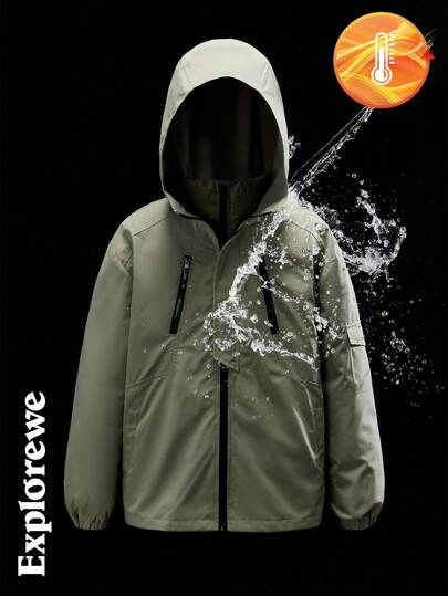 SHEIN Teen Boy Plain Long Sleeve Zip-Up Water-Resistant Hooded Padded Coat For Winter