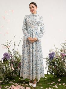 Graceveil Bộ 2 áo và chân váy in họa tiết hoa tay dài cổ đứng cho nữ, phong cách tối giản - Nhiều màu - Xem 1