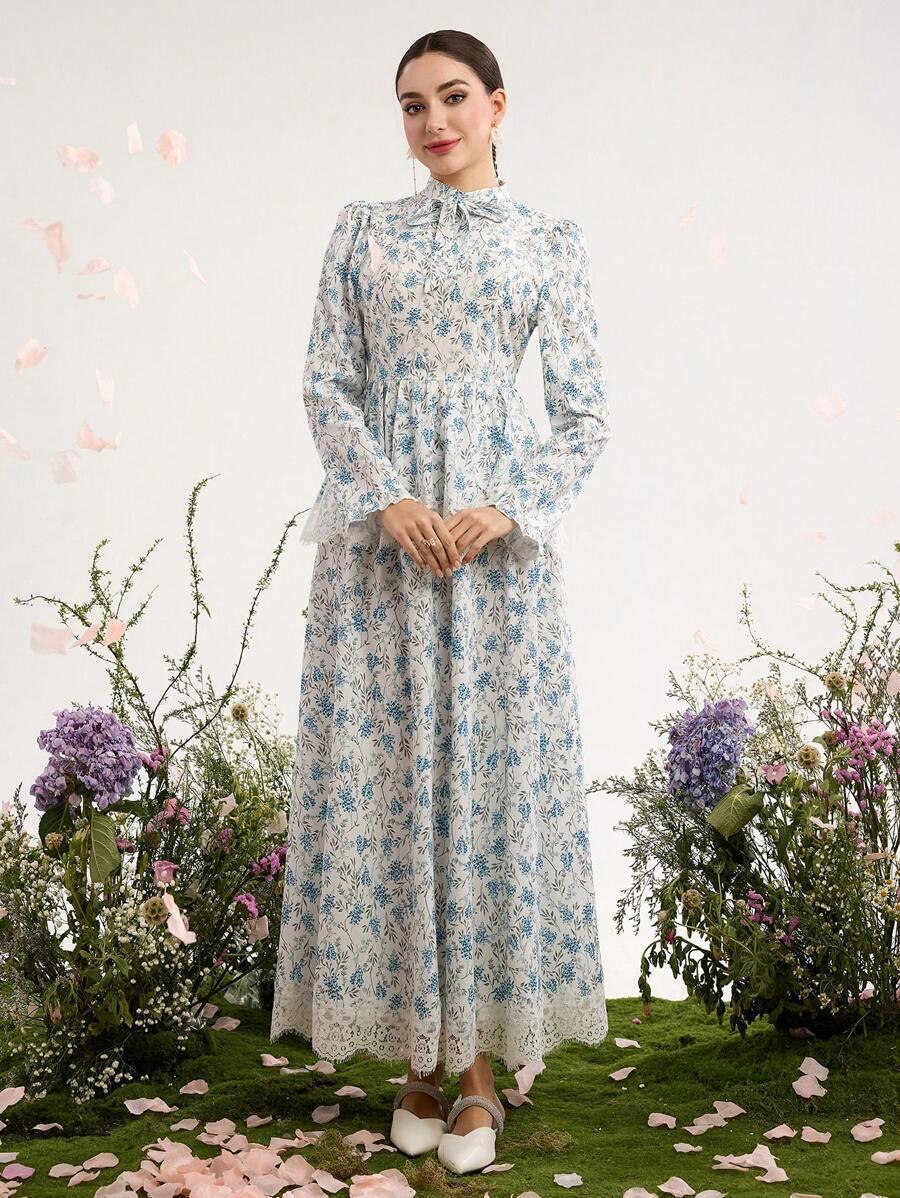 Graceveil Bộ 2 áo và chân váy in họa tiết hoa tay dài cổ đứng cho nữ, phong cách tối giản - Nhiều màu - Xem 1