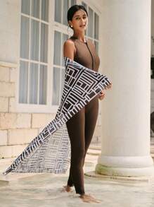 SHEIN Swim Mulvari Đồ bơi một mảnh cổ chữ V có khóa kéo thoải mái cho nữ - màu nâu - Xem 4