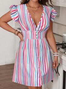 SHEIN VCAY Plus Size Colorful Striped V-Neck Button Decor A-Line Summer Dress For Women, Teacher Clothes - Multicolor - View 5