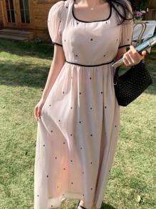 DAZY Women's Polka Dot Bowknot Casual Puff Sleeve Mid-Length Dress Sundress Easter Maxi Dress Floral Dresses For Women - Apricot - View 5