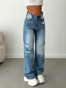 EURMUSE Women's Loose Fit Ripped Pockets Straight Leg Casual Jeans - Light Wash - View 3