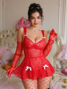 PetitDoll 2pcs/Set Lace See-Through Bowknot Sexy Nightgown Set For Women - Red - View 3