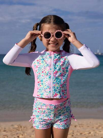 女童碎花拼接吊带泳衣套装，前拉链闭合