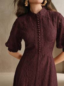 Anewsta Đầm Maxi Dài Ôm Sát Tay Ngắn Ren Trắng Trang Phục Thường Ngày Cho Nữ - Màu Đỏ Sâu - Xem 2