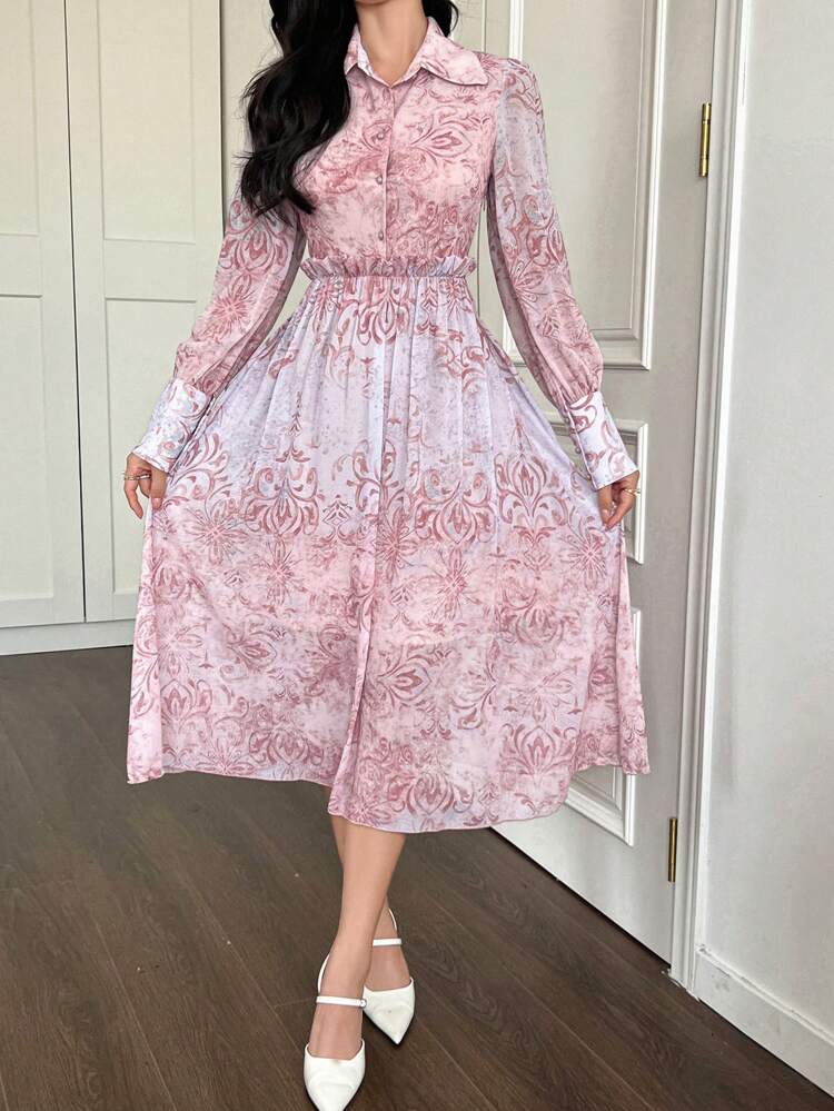 1pc Women's Mid-Long Floral Print Dress With Lantern Sleeve And Belt Elegant Shirt Dress, Fall Dress Long Sleeve Dress