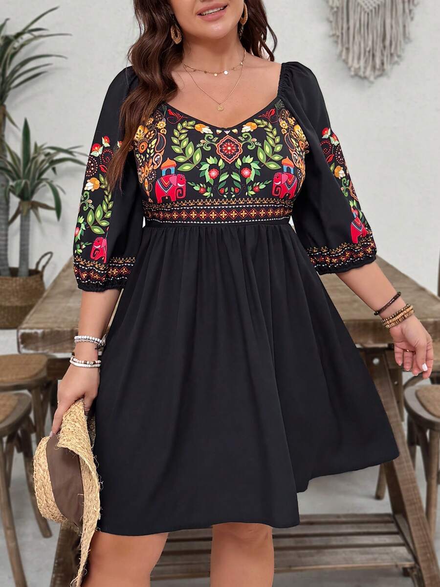 SHEIN VCAY Plus Size Black Heart Neckline Floral & Animal Retro Print A-Line Mini Dress, Boho Casual Resort Vacation Dress, Valentine,Beach Dress Sundress,Holiday Outfits