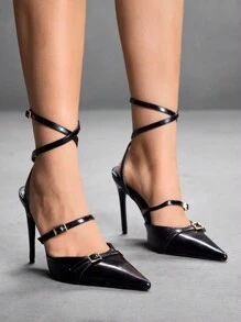 CUCCOO SZL 尖头细高跟女式高跟鞋，带扣装饰，豹纹马毛材质，时尚 - 黑色 - 查看 2