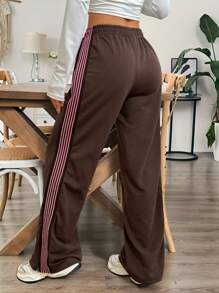 SHEIN EZwear 女士字母松紧腰宽松阔腿休闲运动裤 - 咖啡棕 - 查看 2