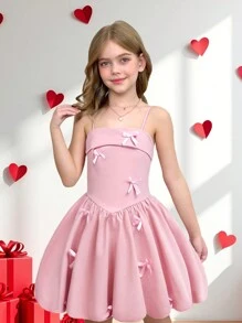 SHEIN Serisse Kids Tween Girl 优雅纯色无袖 A 字裙，带 3D 蝴蝶结装饰，可爱公主裙，粉色，适合生日派对、婚礼、情人节、法式时尚 - 粉色 - 查看 8