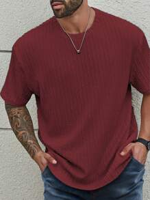 Manfinity Homme Camiseta de manga corta de cuello redondo y color liso para hombres de talla grande, sencilla y casual para el uso diario - Burdeos - Ver 6