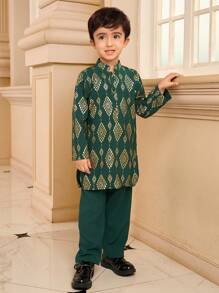 2pcs/Set Young Boy Front Button Long Sleeve All Over Print Casual Top And Pants Set - White - View 3