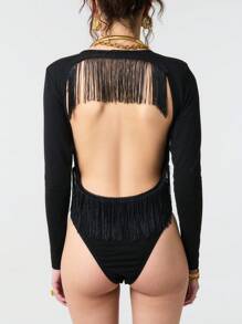 SHEIN Unity 纯色圆领流苏边露背长袖连体衣带垫肩 - 黑色 - 查看 2