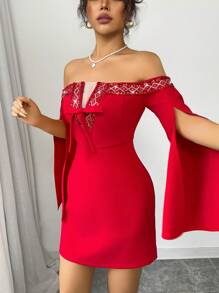 Chiquease 浪漫情人节红色露肩亮片荷叶边女式派对礼服 - 紅色 - 查看 6
