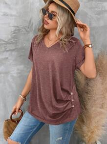 SHEIN Clasi Plus Size Simple Solid Color Casual T-Shirt For Daily Wear - Red Violet - View 1