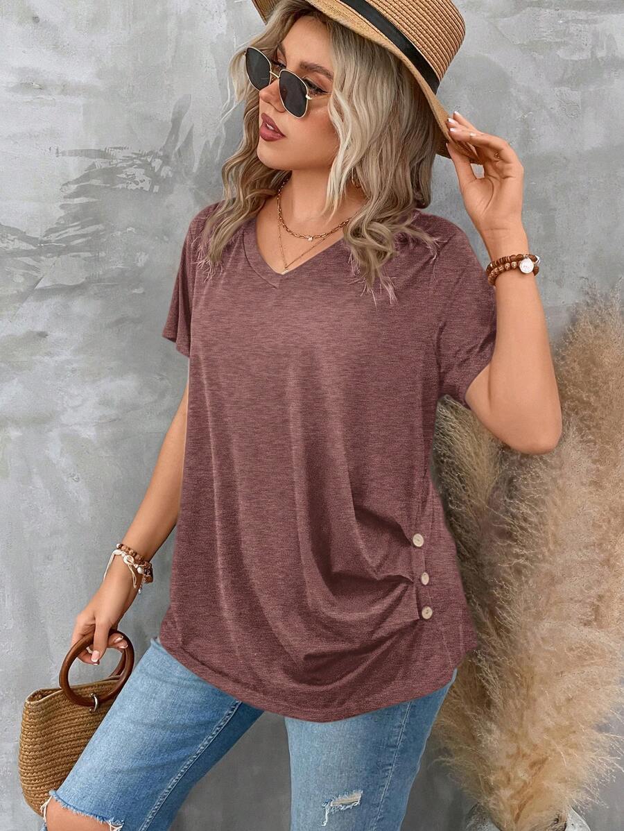SHEIN Clasi Plus Size Simple Solid Color Casual T-Shirt For Daily Wear - Red Violet - View 1