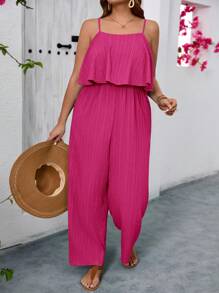 SHEIN VCAY 大码女式纯色荷叶边阔腿休闲连体裤