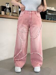 SHEIN EZwear Pantalones vaqueros informales sueltos de pierna ancha con bolsillos y bajo deshilachado para mujer de talla grande