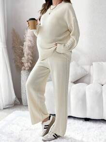 SHEIN 2pcs/Set Crew Neck Drop Shoulder Loose Pullover Sweater + Twist Cord Sweater Pants