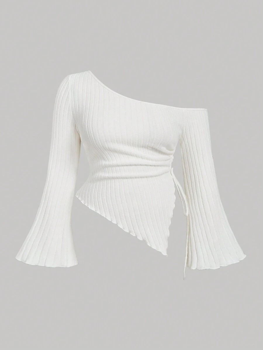 SHEIN MOD 大码女式白色抽绳不对称下摆喇叭袖 T 恤、露肩 T 恤、秋季女装、舒适 T 恤 - 白色 - 查看 1