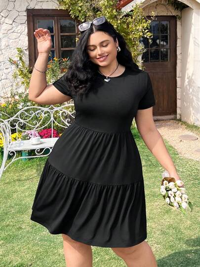 SHEIN EZwear 黑色短袖宽松加大码T恤连衣裙，春夏装