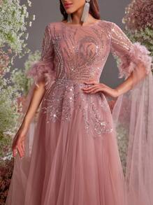 Glamrae Elegant & Luxurious Mesh Patchwork Long Sleeve Maxi Dress With Faux Pearl Beading & Sequins, Wedding Guest Dress, Suitable For Wedding, Party, Prom, Banquet, Vacation, Formal Dress, Evening Dress,Gown - Dusty Pink - View 6