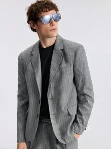 Ontre Men's Grey Front Button Long Sleeve Pocket Stripe Simple Casual Suit Jacket Outing Clothes, New Styles For Spring And Summer 2025, Travel, Holiday And Commuting