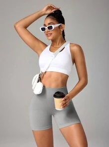 Easithlete Women High Waisted Solid Color Casual Slim Fit Seamless Sports ShortsWomen Sweat Short, Gym Short, Biker Short - Grey - View 4