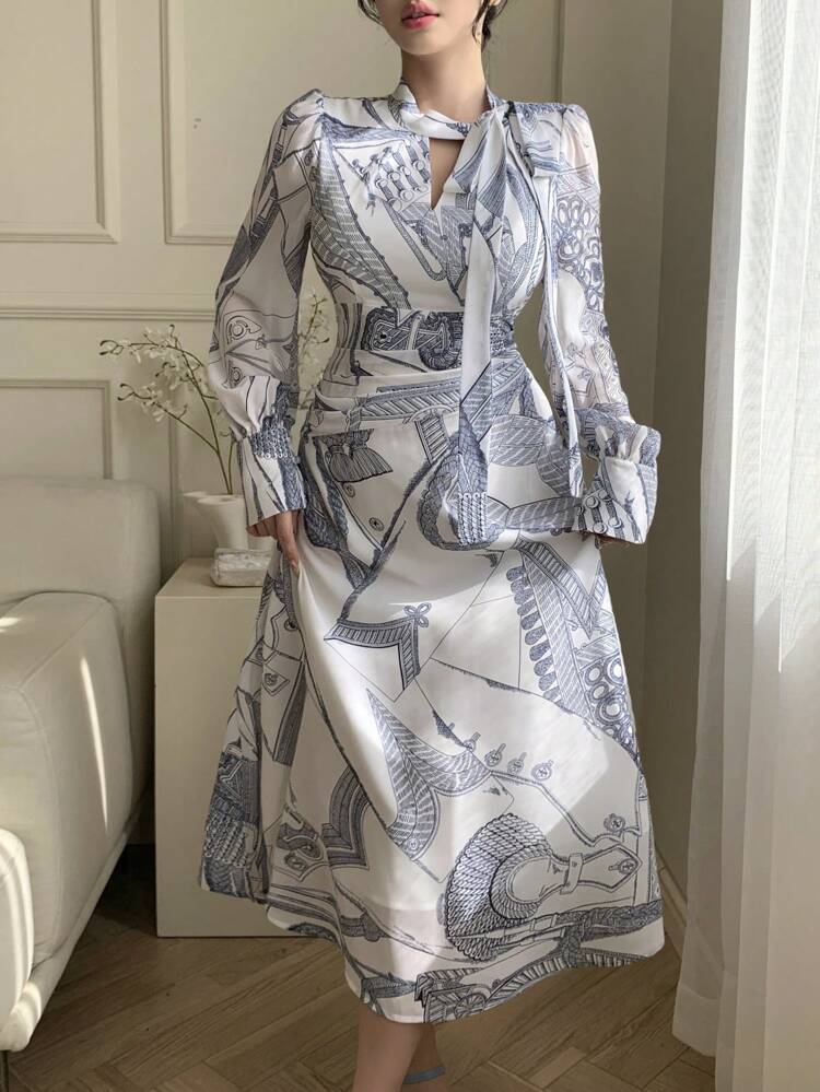 Women's Chic Blue & White Porcelain Floral Print Tie Neck Dress Elegant,Fall Dress Long Sleeve Dress Maxi Dress