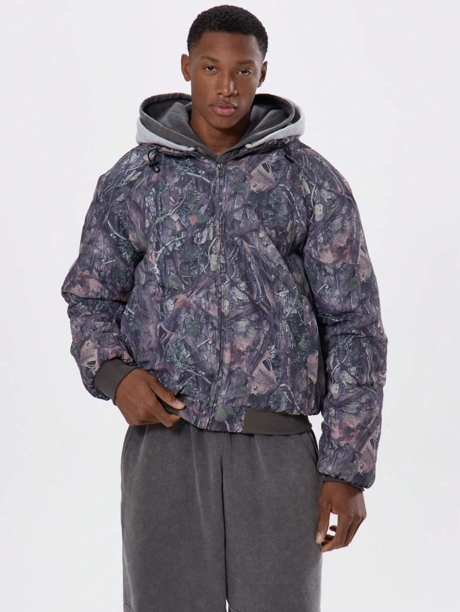 Musero Áo khoác phồng có mũ, khóa kéo, khóa kéo, in họa tiết cành cây khắp thân áo, thích hợp cho mùa Xuân Hè. - Nhiều màu - Xem 1