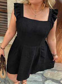 SHEIN VCAY Plus Size Women's Solid Color Tie Back Ruffle Hem Casual Dress - Black - View 6
