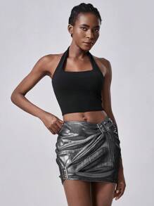 Chiquease Falda plisada minimalista con botón con carácter japonés, para uso casual diario