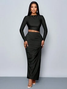 SOLERSUN Women's 2pcs Set Solid Color Elegant Casual Simple Asymmetrical Collar Long Sleeve T-Shirt And Slim Pleated Side Slit Long Skirt Two Pieces Set Fall Cloth For Women